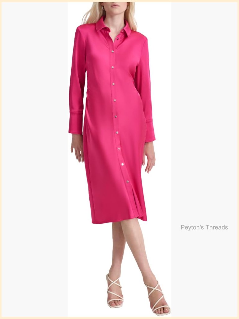 Long Sleeve Collared Neck Midi Shirtdress With Button Closure